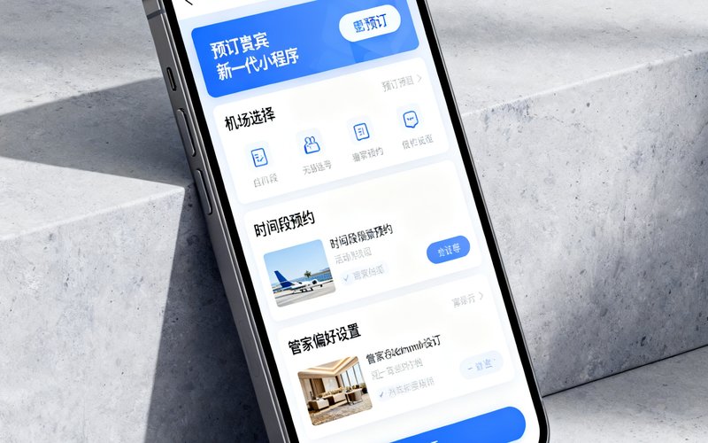 一部手机屏幕展示广东会贵宾厅新一代预订小程序界面，界面设计简洁，显示机场选择、时间段预约和管家偏好设置等功能模块。