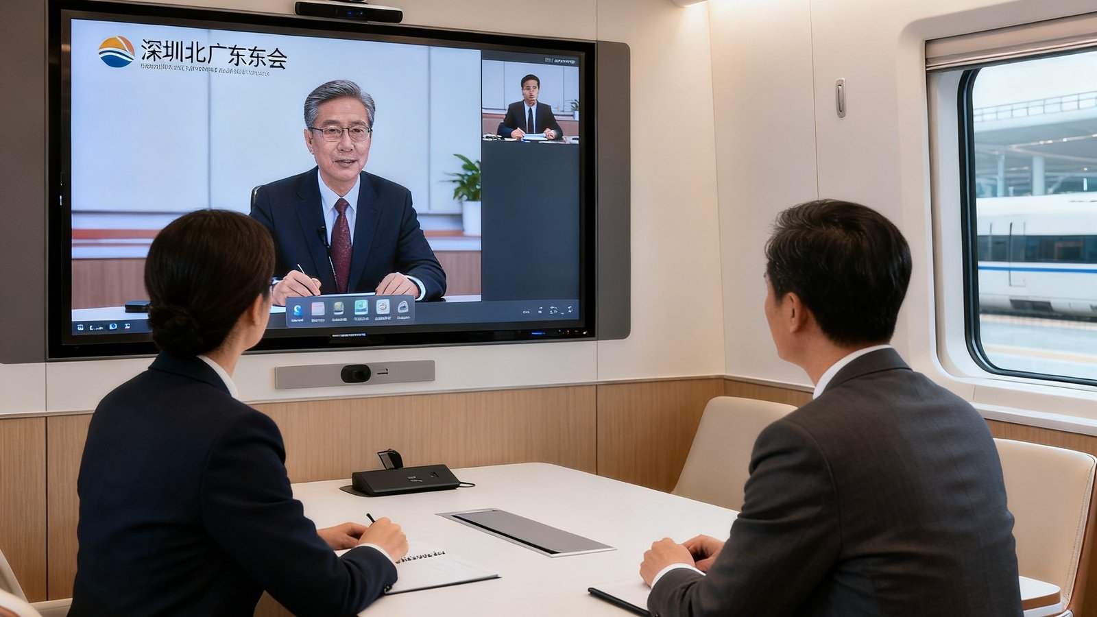深圳北站广东会高铁贵宾厅商务洽谈区，配备高清视频会议屏幕和独立会议桌，两位商务人士正通过大屏幕进行远程会议，环境明亮通透。